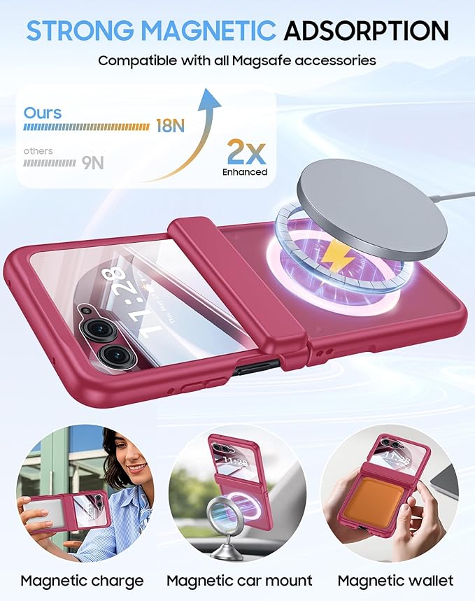 Magnetic for Motorola Razr 2026 Case with Hinge Protection, Screen Protector, Compatible with MagSafe,Skin Feel Translucent Frosted, Shockproof Slim Cover for Moto Razr 2026-Rose Red
