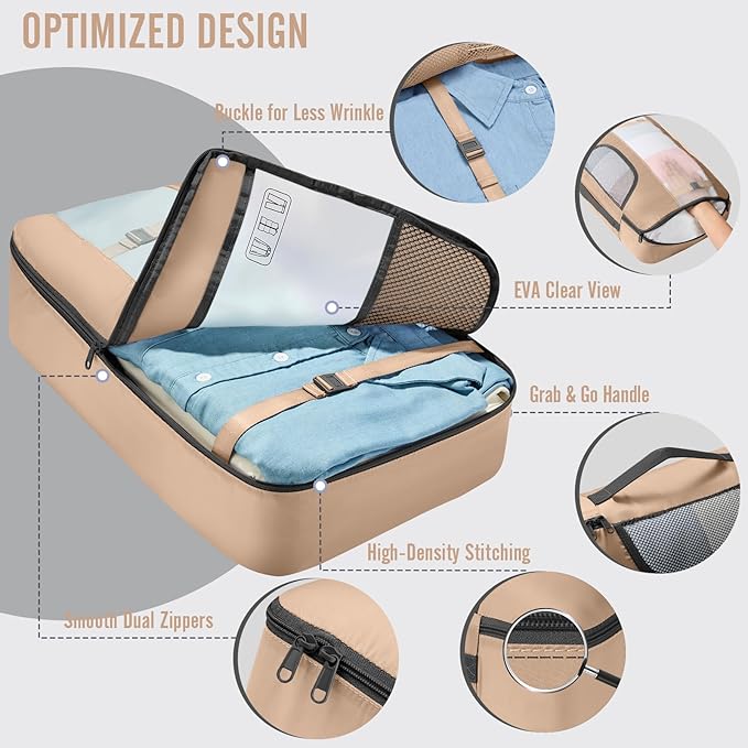Veken 8 Set Packing Cubes for Travel Essentials,Anti-Wrinkle Buckled Suitcase Organizer for Shoe & Toiletry Bag,Carry On Luggage Bag for Airplane & College Dorm Room Accessories,Women Men Gifts