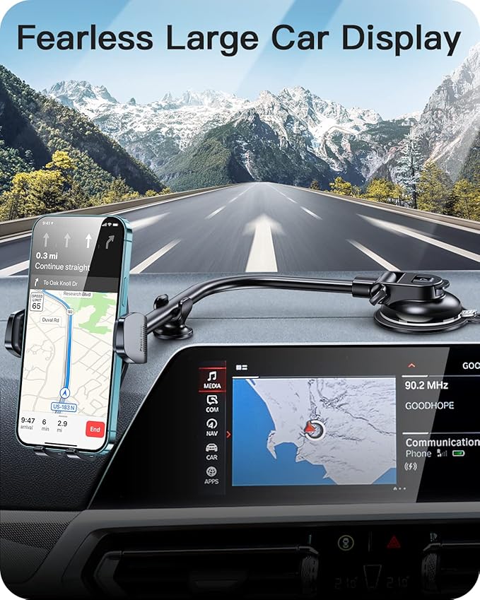 APPS2Car 13" Gooseneck Phone Mount for Car Windshield Dashboard Vent, Cell Phone Holder for Car Truck with Strong Suction Cup, Anti-Shake Stabilizer, One-Hand Operation, Fits Most Smartphones