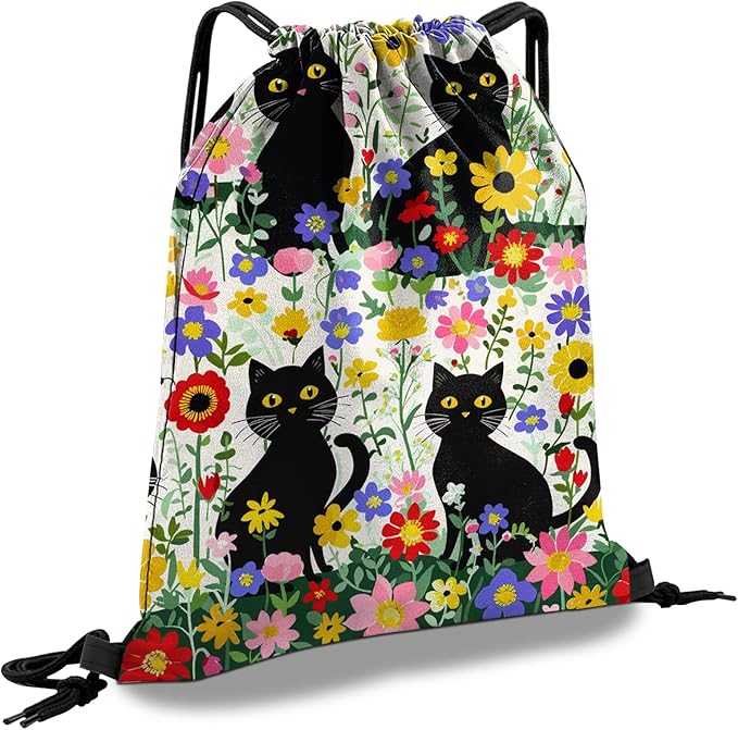 Drawstring Backpack Draw String Sports Bags for Gym Travel Beach Waterproof Cute Sackpack Men Women (13"×17")-Flower Cat