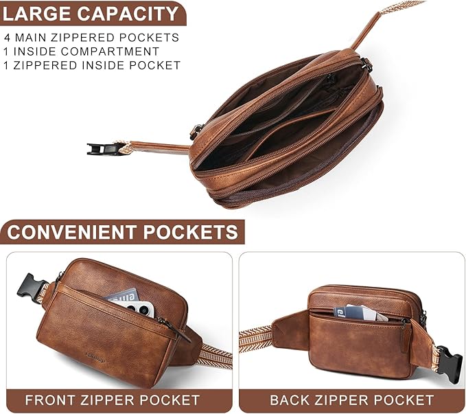 LATMAP 3L Fanny Packs Belt Bag for Women Small Everywhere Crossbody Bag Waist Packs Faux Leather Sling Chest Travel Purse