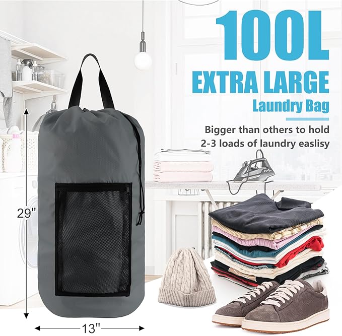 Olosar Laundry Bag Backpack, Extra Large Travel Laundry Bag with Mesh Pocket & Adjustable Shoulder Straps,Dirty Clothes Travel Bag for College Students Dorm,Apartment(Grey)