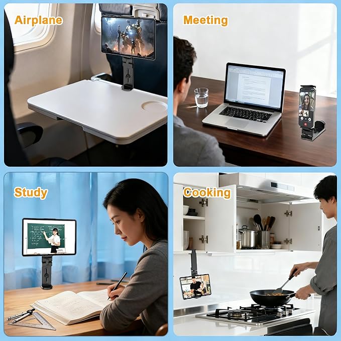 Airplane Tablet Holder Mount, 360 Degree Rotating Hands-Free Travel Stand, Max 7.6” Adjustable Clamp Opening, Compatible with iPad/Galaxy Tab (Not for iPad 12.9”/13”)