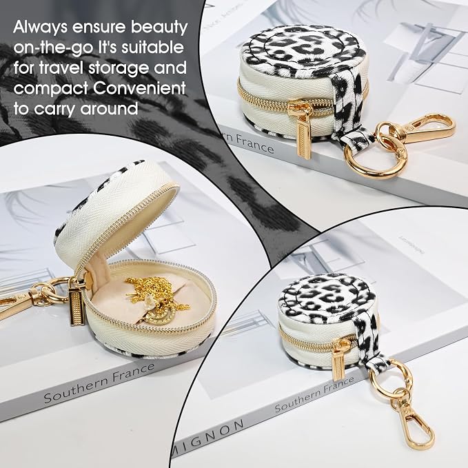 Portable Ring Keychain Holder for Gym and Travel - Jewelry Holder for Sports Bag, Compact Ring Earring Necklace Storage Case (White leopard print)