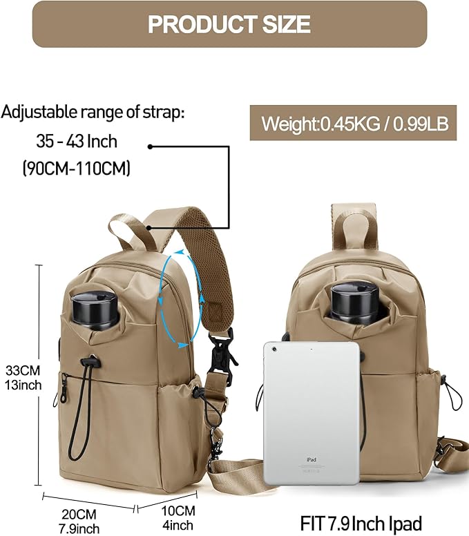 SEAFEW Sling Backpack bag for Men Khaki, Tactical BackpackSmall One Strap Daypack, Mini Anti-Theft Cross Body Motorcycle Chest Bags, Satchel Bag for Casual Travel Hiking Outdoor Sports Gym