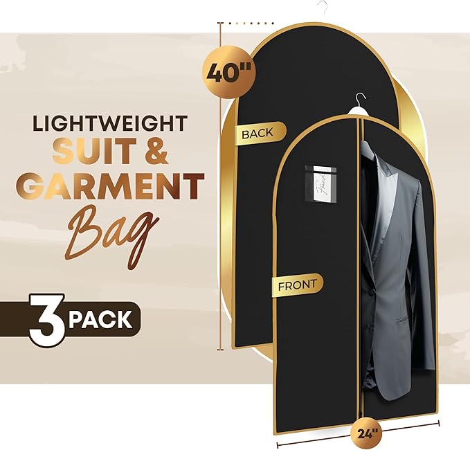 Your Bags Travel Garment Bag – Zippered Single Suit Bag – Water-Resistant Clothes Cover - Hanging Garment Bags for Travel with ID Pocket – 40" x 24" - Black With Gold Trim (Pack of 3)