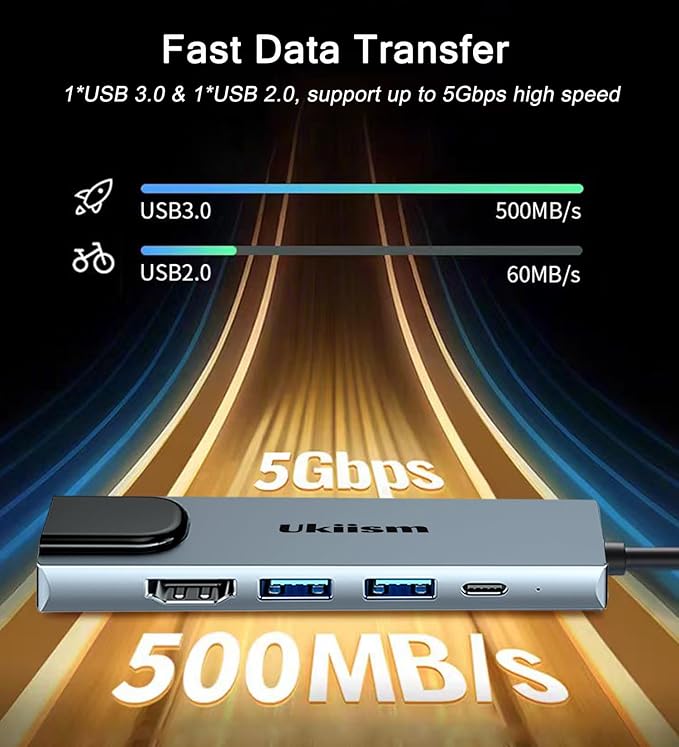 USB C Hub 5 in 1 Multiport Adapter, USB C Hub with 4K HDMI, Ethernet RJ45, 100W PD Charging, USB 3.0 Ports, Type C Docking Station for MacBook Pro Air, iPad, Laptop