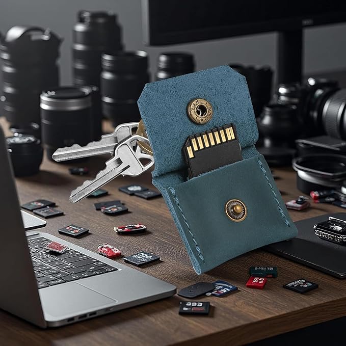Jack&Chris Genuine Leather SD Card Holder Keychain, Anti-Shock Anti-Dust SD Card Case, Portable Camera Accessories for SD CF CFexpress Micro SD Nano SIM and Micro SIM Cards, Blue