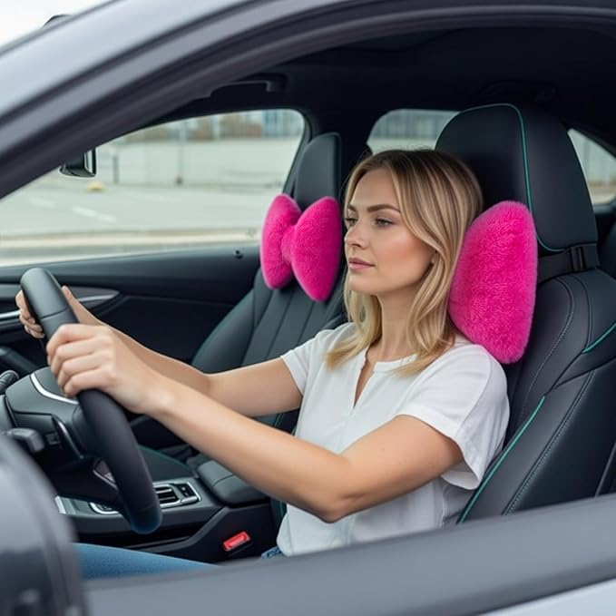Macarrie 2 Pcs Car Neck Pillow Velvet Bow Headrest Pillow Soft Comfortable Seat Neck Support Cute Bow Car Accessories for Driving Travel Driver Chair Girl Style Interior Decor(Rose Red)