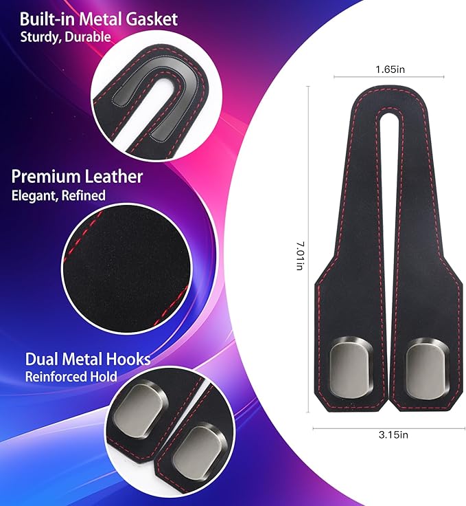 4Pcs Car Headrest Hooks with Premium Leather, Upgraded Double Metal Hooks with Anti-Drop Design, Universal Back Seat Hanger for Bags, Coats, Purses and Groceries (Stylish Black)