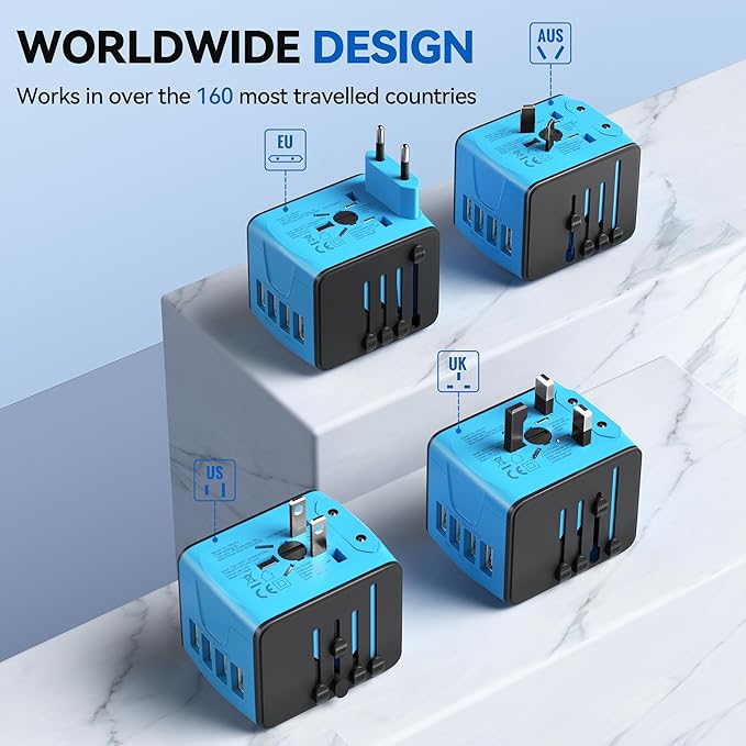 Unidapt Universal Travel Adapter, International Plug Adapter Fast 2,4A 4-USB European Power Plug, AC Wall Charger - Worldwide Outlet for Europe US USA UK EU AUS, Blue