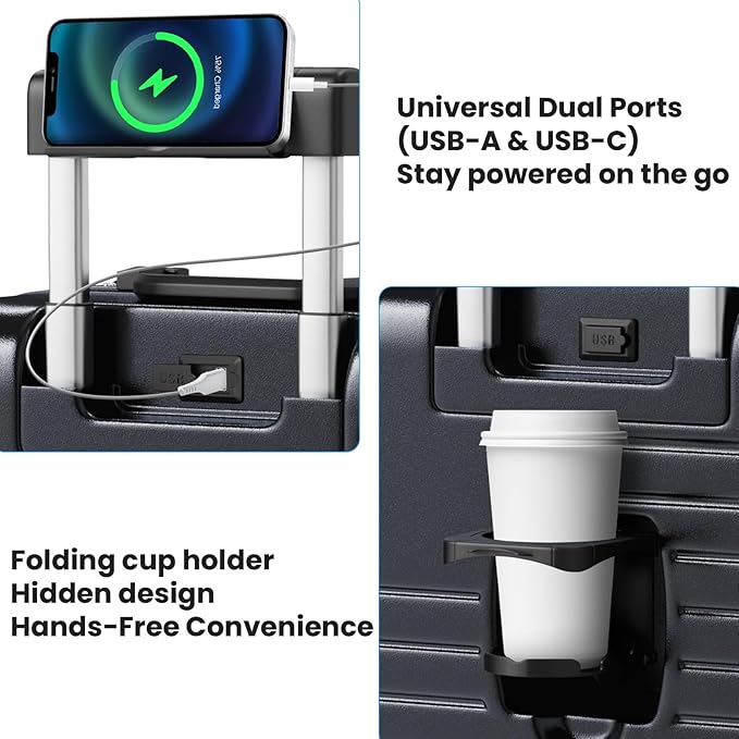 24 Inch Checked Luggage with Cup Holder, Aluminum Frame PC Hard Shell Suitcase, 360° Spinner Wheels, TSA Lock for Short Trips and Business Travel