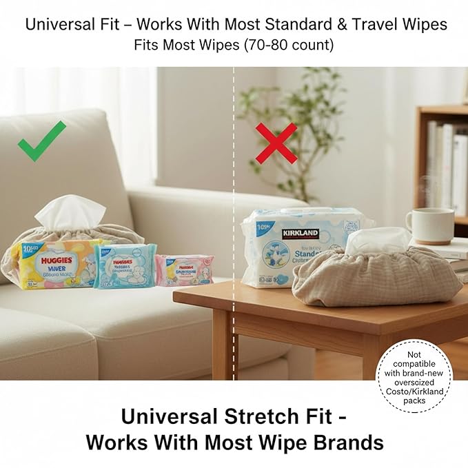 Baby Wipes Cover – Universal Size, One Size Fits All Wipes Packages | Muslin Cotton Tissue Cover for Nursery, Diaper Bag & Changing Table, Station | Gingham & Neutral Patterns (Sand)