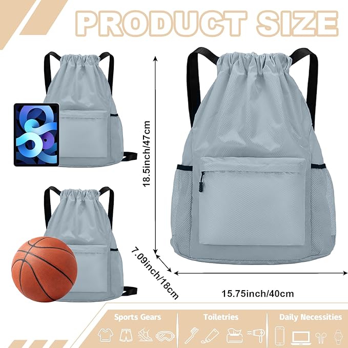 Tygelluis Drawstring Backpack, Waterproof Gym Bag with Water Bottle Pocket for Women Men, Pull String Sport Bag for Swim, Soccer and Basketball, Light Gray