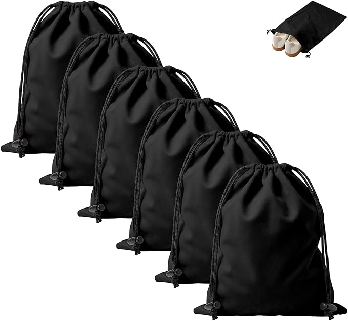MERKFO Shoe Bags for Travel, 6 Pack Flannel Travel Shoe Bags for Luggage, Large Drawstring Shoe Dust Bags for Packing Shoes, Closet Storage, Fits Up to Men's Size 13, Black