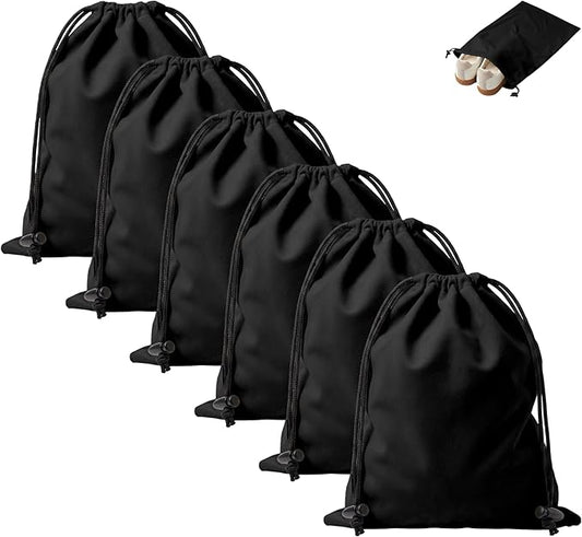 MERKFO Shoe Bags for Travel, 6 Pack Flannel Travel Shoe Bags for Luggage, Large Drawstring Shoe Dust Bags for Packing Shoes, Closet Storage, Fits Up to Men's Size 13, Black