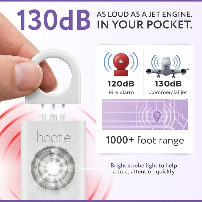 HOOTIE Personal Safety Alarm for Women, Men and Kids — 130dB Personal Alarm Keychain, Pull Pin Safety Alarm Keychain with Strobe Light, Self-Defense Alarm for Campus, Travel and Running — White