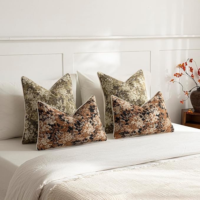 DEZENE Pack of 2 Vintage Floral Pillow Covers 12x20 Boho Farmhouse Accents Chenille Rectangular Lumbar Decorative Throw Pillow Cases for Living Room Couch Bed Home Decor, Cognac
