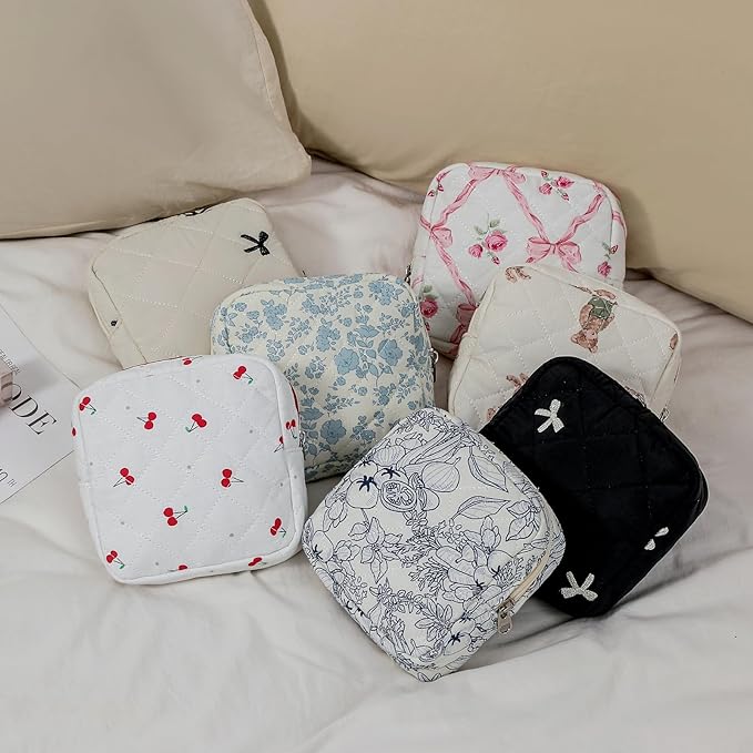 Small Quilted Cotton Makeup Bag for Purse, Cosmetic Bag with Compartments, Cotton Aesthetic Makeup Bag, Travel Toiletry Pouch, Lipstick Bag Card Holder Data Cable Organizer (15Small Pinkflower)