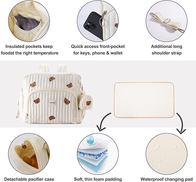 GOBABYMART Diaper Bag Backpack, Medium Maternity baby bag & Changing Pad, Insulated Pockets, Stroller Straps & Pacifier Case (Medium - Beige Bears)