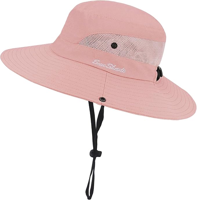 Womens Summer Sun-Hat Outdoor UV Protection Fishing Hat Wide Brim Foldable-Beach-Bucket-Hat with Ponytail-Hole