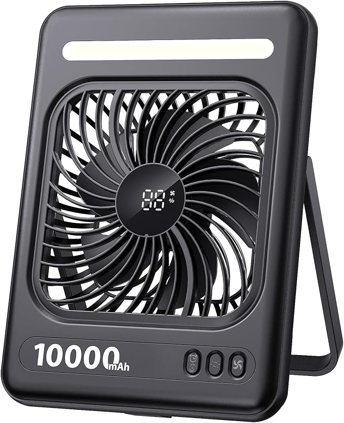 10000mAh Portable Travel Fan, 5 Speeds Strong Wind Cruise Fan with LED Lantern, 24H Runtime Personal Rechargeable Fan, 2/4/6/8H Timer, Ultra-thin Quiet Desk Fan for Camping, Office, Bedroom, Beach