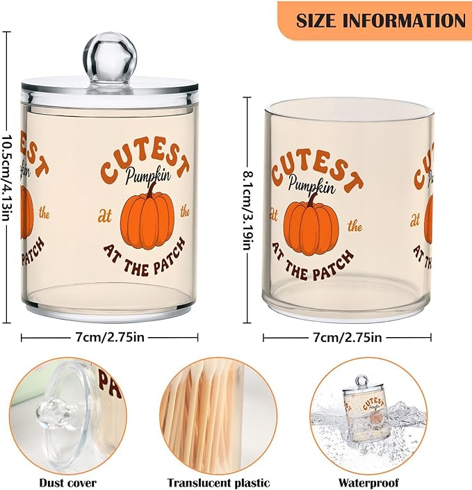 Gredecor 2 Pack Apothecary Jars with Lid Cutest Pumpkin Qtip Holder Dispenser Storage Containers Clear Plastic Cute Rustic Fall Autumn Thanksgiving Theme Canisters for Bathroom Vanity Organization