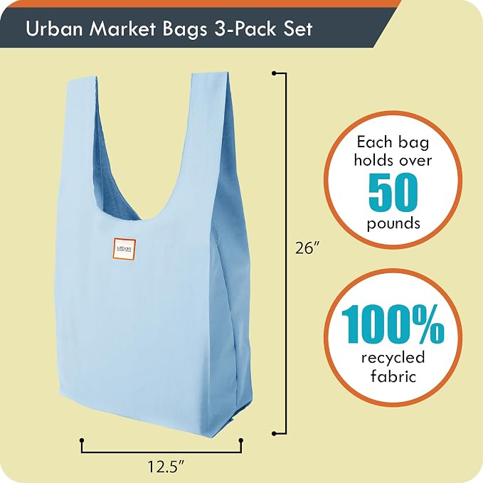 Urban Market Bags - Horizon - 3 Foldable Reusable Shopping Bags in 1 Compact Pouch, Luxury Quality, Recycled Fabric, Holds 50+ lbs, Machine Washable, Pouch Fits in Cupholder, Designed in California