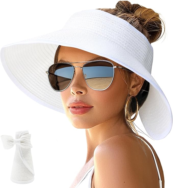 NPJY Sun Hats for Women Wide Brim Roll-Up Beach Ponytail Hat Packable Foldable Travel Straw Visor