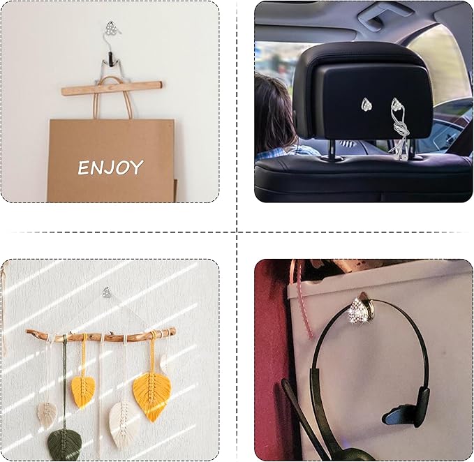 TOMALL Bling Car Hooks 4pcs Heart Shape Cute Dashboard Hooks for Keys, Charging Cable, Sunglasses - Multifunctional Hanging Storage Hooks Universal Diamond Decorations for Home DIY (White)