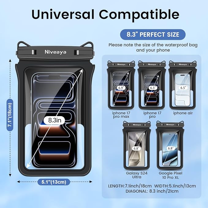 Niveaya IPX8 Double Space Waterproof Phone Pouch (up to 8.3") -2 Pack Waterproof Phone Case with Lanyard for iPhone 17 16 15 Pro Max,Touchscreen & Underwater Photography, Beach Cruise Essentials 2026