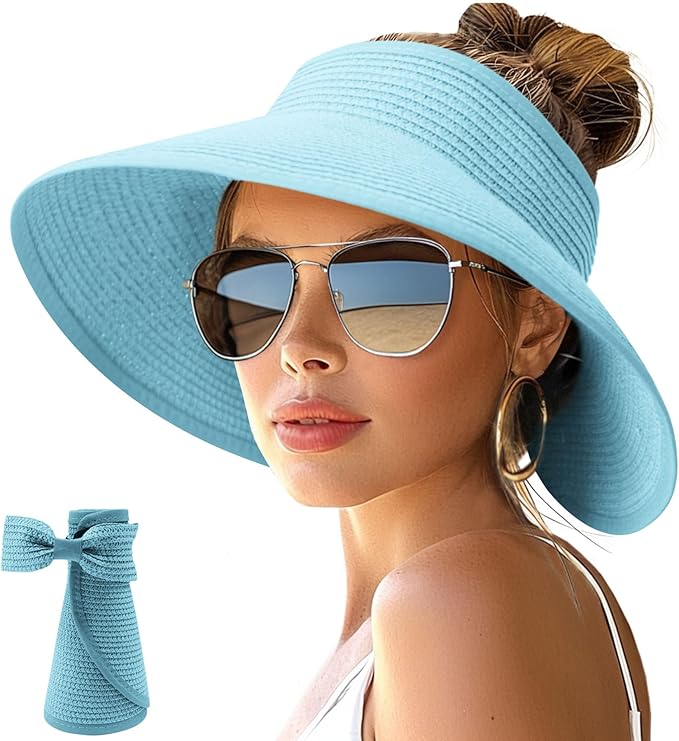 NPJY Sun Hats for Women Wide Brim Roll-Up Beach Ponytail Hat Packable Foldable Travel Straw Visor