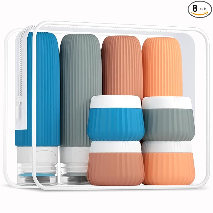 Mrsdry Travel Bottles 8 Pack, TSA Approved 3 oz Toiletries Containers, Leak Proof Silicone Squeezable Essentials Jars with Clear Bag