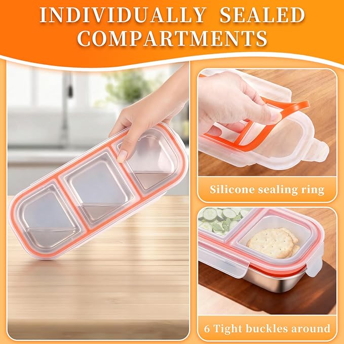 2Pack Reusable Stainless Steel Snack Containers with Leakproof Lids 3 Compartment, Stackable Metal Food Storage Lunch Boxes for Adults, Meal Prep, Travel, Office (2)