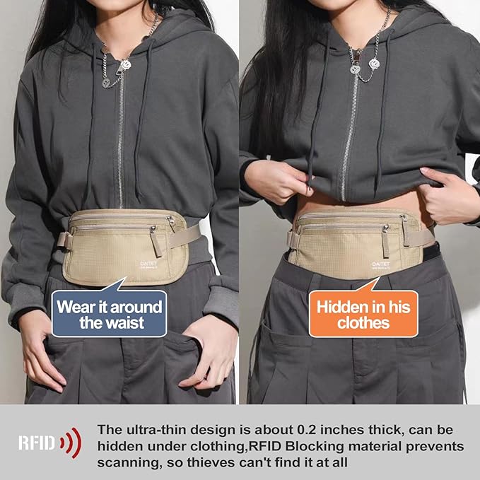Money Belt - Passport Holder Secure Hidden Travel Wallet with RFID Blocking, Undercover Fanny Pack (Beige)