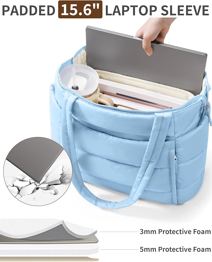 Bagstellar Puffer Tote Bag for Women, Lightweight Puffy Work Handbag Teacher Nurse Quilted Shoulder Bag for School Travel Gym | Cloud Bag w/ Zipper