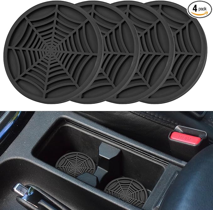 4 Pack Car Cup Holder Coasters, Cute and Creativity Cup Holder Insert Coaster Car Interior Accessories-2.75 inch Silicone Anti Slip Spider Web Car Coaster-Universal