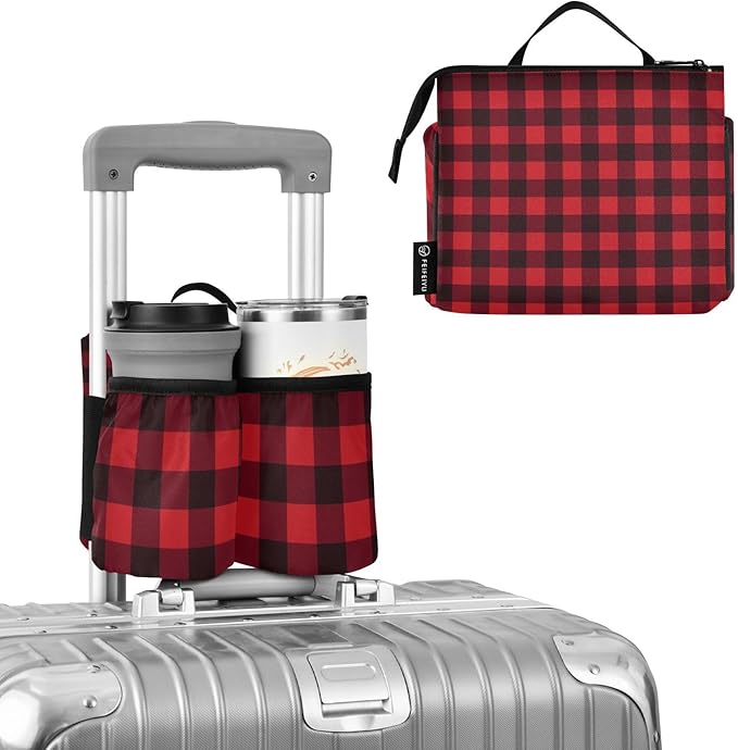 Luggage Cup Holder for Suitcases Free Hands Suitcase Cup Holder Travel Luggage Drink Holder Portable Luggage Cup Caddy Bag Carrier with Handle Red and Black Buffalo Plaid