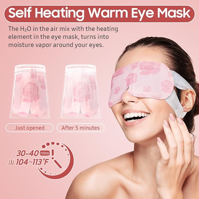 BeHoomi 20 Packs Steam Eye Mask, Heated Eye Mask Warm Compress for Eyes, Disposable Self Heating Steam Mask for Home, Sleep, Spa, Travel Essentials & Relaxation Gifts for Women (Rose)