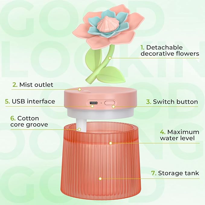 260ml Flower Mini Humidifier, Pink Gardenia Desktop Small Humidifiers, Personal Cool Mist Humidification, USB Desk Humidifier for Bedroom, Office, Travel & Indoor Plants