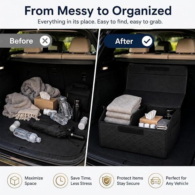 2Pack Leather Trunk Organizer for SUV & Sedans - Extra Large Foldable Car Storage Box with Lid, Adjustable Removable Dividers and Carry Handle, Collapsible Auto Cargo Organizer Black