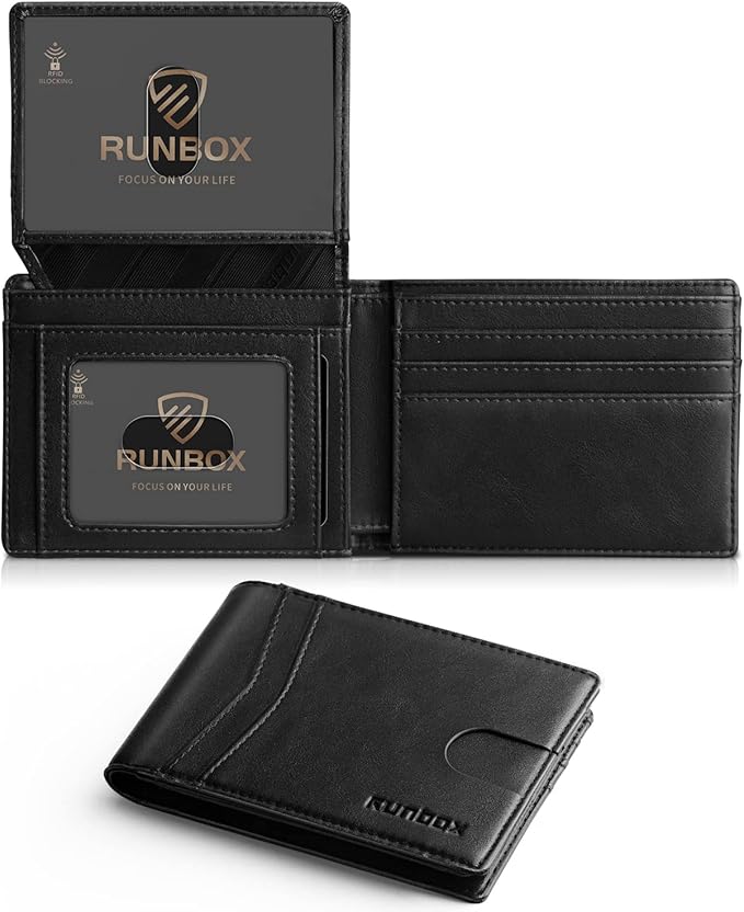 RUNBOX Wallet for Men -Slim Rfid Leather Mens Bifold Novelty Wallets 2 ID Window With Gift Box Men's Accessories | Slim