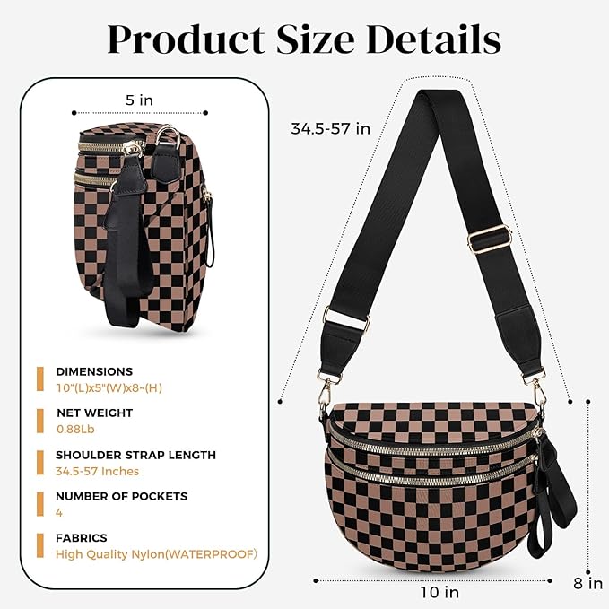 Spacious Nylon Checkered Crossbody Bum Bag for Women, Fashion Checkerboard Fanny Pack Purse with Anti-theft Pocket, Adjustable Wider Strap Wasit Bag (Black-Brown)