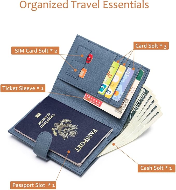 Leather RFID Blocking Passport Holder for Travel Women – Multiple Slim Passport Wallet for Women with Card Slots, Zippered Coin Pocket & Travel Passport Cover Case Gift Ready– Denim Blue