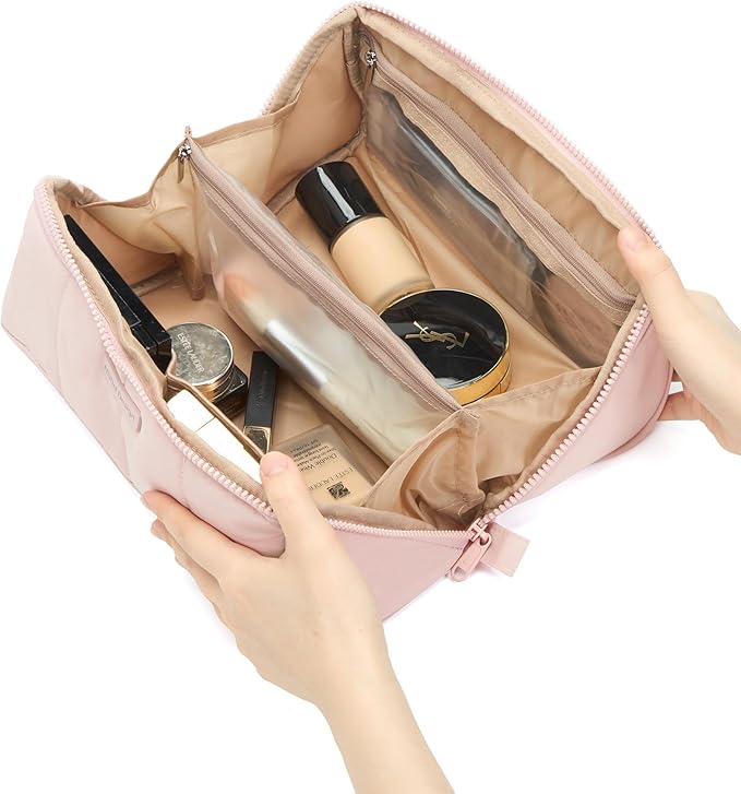 NISHEL Travel Makeup Bag for Women, Fluffy & Lightweight Open Flat Cosmetic Organizer with Multiple Functional Divider for Brush Independent Storage, Handle for Easy Portability, Large, Pink