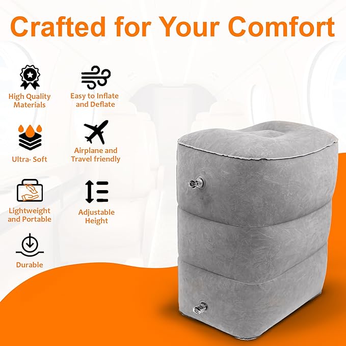 Inflatable Foot Rest Pillow for Airplane Travel - Adjustable Leg Rest for Long Flights, Baby/Toddler Airplane Seat Extender - Grey