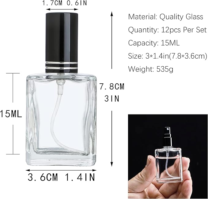 YU FENG 12pcs Clear Refillable Perfume Bottle 15ml Portable Square Empty Glass Perfume Atomizer Bottle For Travel
