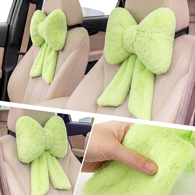 Macarrie 2 Pcs Car Neck Pillow Plush Butterfly Bow Car Headrest Pillow Comfortable Seat Neck Support Cute Head Rest Accessories for Driving Travel Driver Chair Girl Interior Decor (Sage Green,Solid)