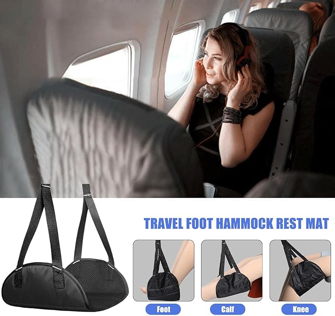 TOLUON Airplane Foot Hammock Foot Hammock for Plane Travel Portable Airplane Footrest Length Adjustable Airplane Foot Rest Travel Essentials Accessories Office Leg Rest Gifts to Relax Your Feet Black