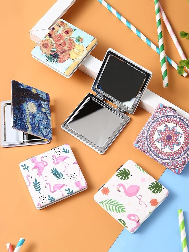 OMIRO 1X/3X Magnifying Mirror, Unique Painting Compact Mirror with Classical PU Leather (Red Flower Mandala)